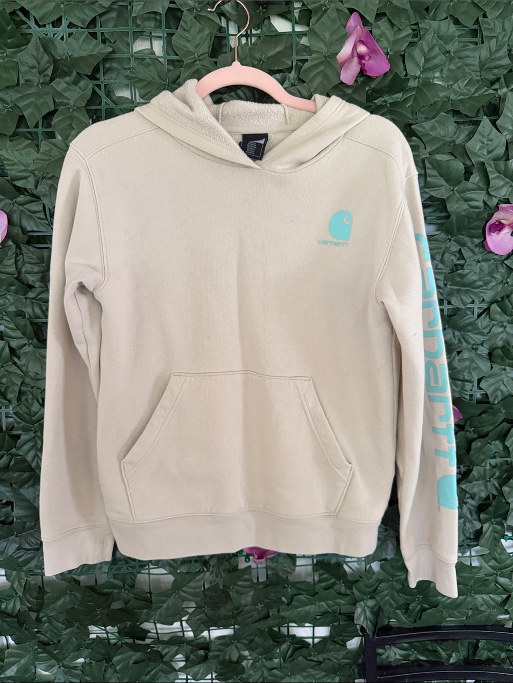 Carhartt Kids Cream Hoodie with Aqua Sleeve Logo Size Large